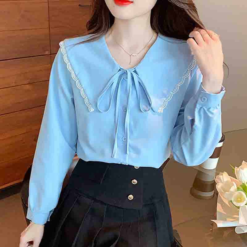 New 2024 Fashion Autumn Long Sleeve Lace Up Doll Collar Casual White Blue Blouse Shirt Women Tops Blouses Shirts J550