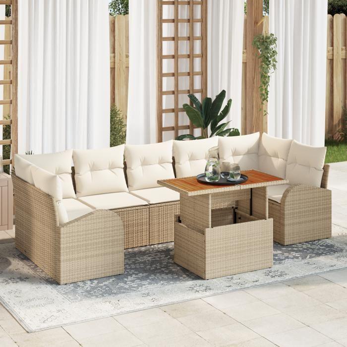 VidaXL Ensemble de jardin 8 pièces avec coussins Beige Poly Rotin Acacia 3349553