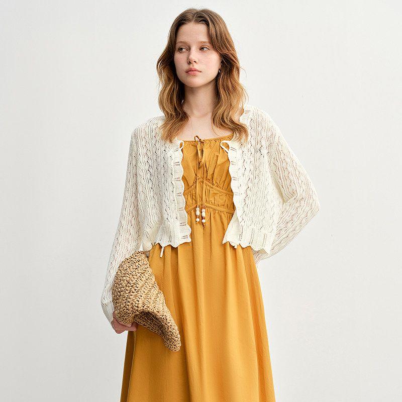 

Plus-Size Women s Hollow-Out Knit Cardigan, New Spring 2026 Style, Slimming Short Top with a Sense of Design for Chubby Women Beige (Knitted Sweater) US2