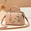 Women's Floral Embroidered Handbag, PU Leather Kiss Lock Crossbody Shoulder Bag with Leaf Charm, Elegant Boston Pillow Bag
