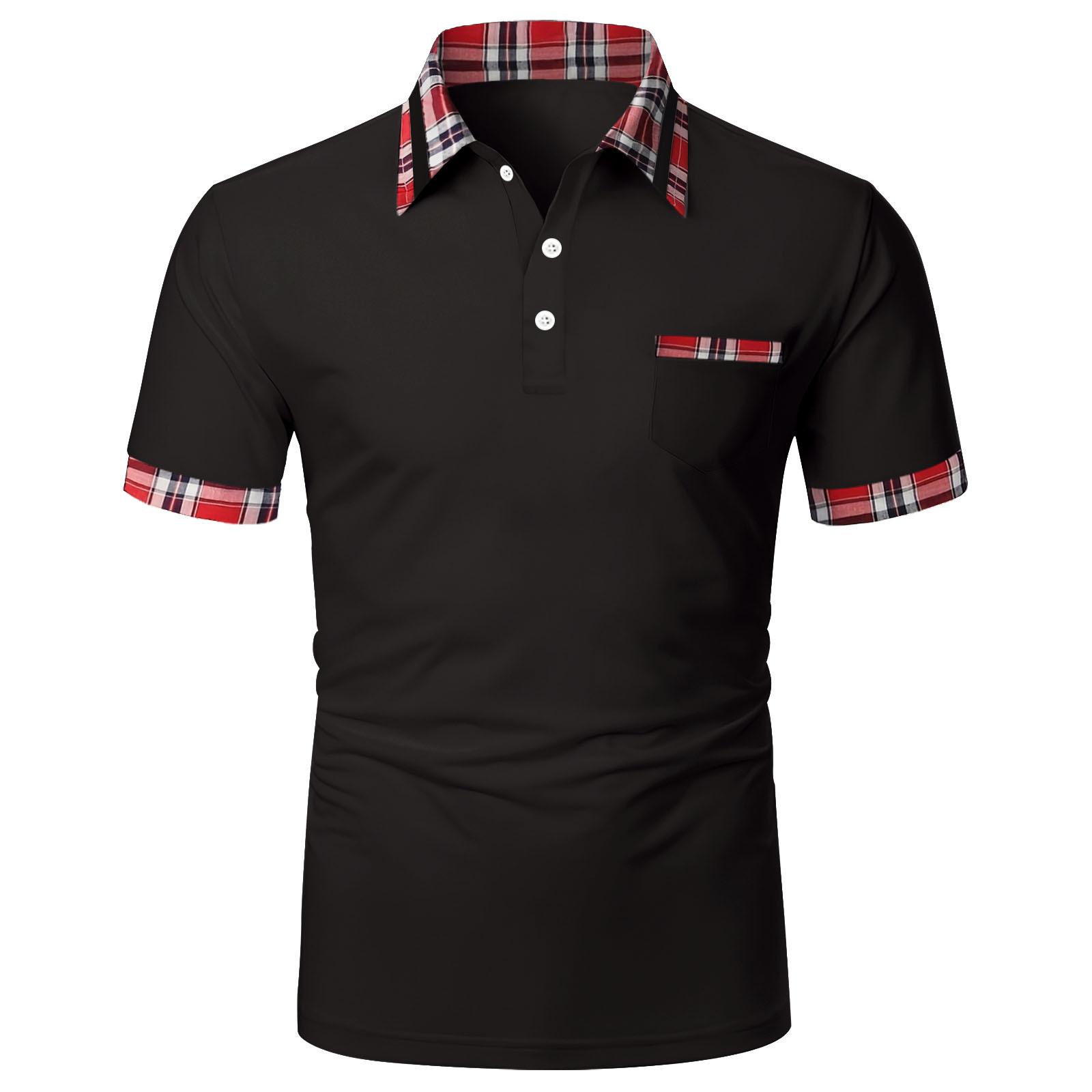 HerSight Zomer top heren korte mouw basic poloshirts heren knoppen geruite patchwork kraag t-shirt XL zwart