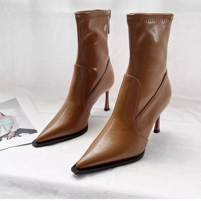 Fashion High Heeled Pointed Toe Booties Retro Spring and Autumn New Skinny Heel Paneled Rear Zipper Skinny Booties