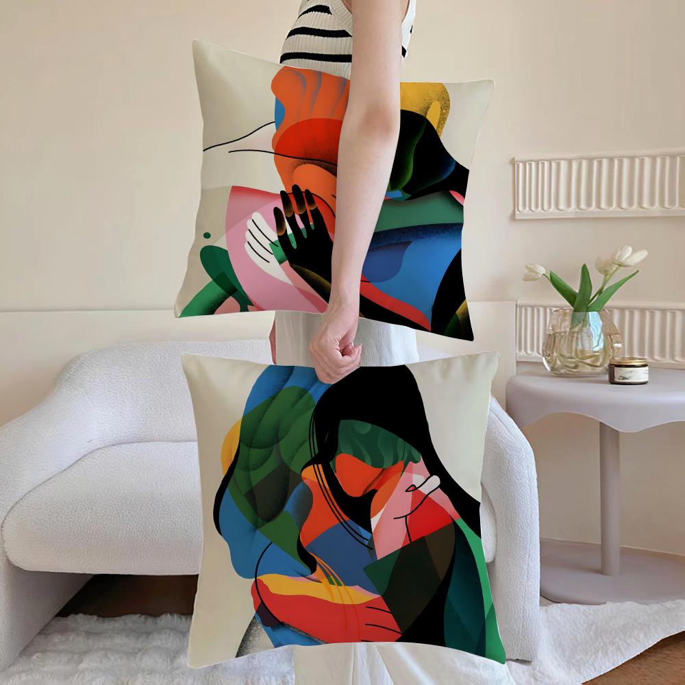 Abstract Art Color Lines Hug Cushion Cover Anti-Dustmite Pillowcase Invisible Zipper Silky Short Plush Sofa Cushion Cover