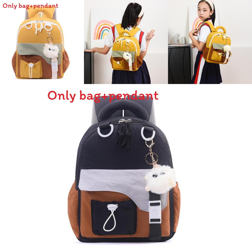Childrens Color Blocked Backpack With Plush Pendant For Young Learners