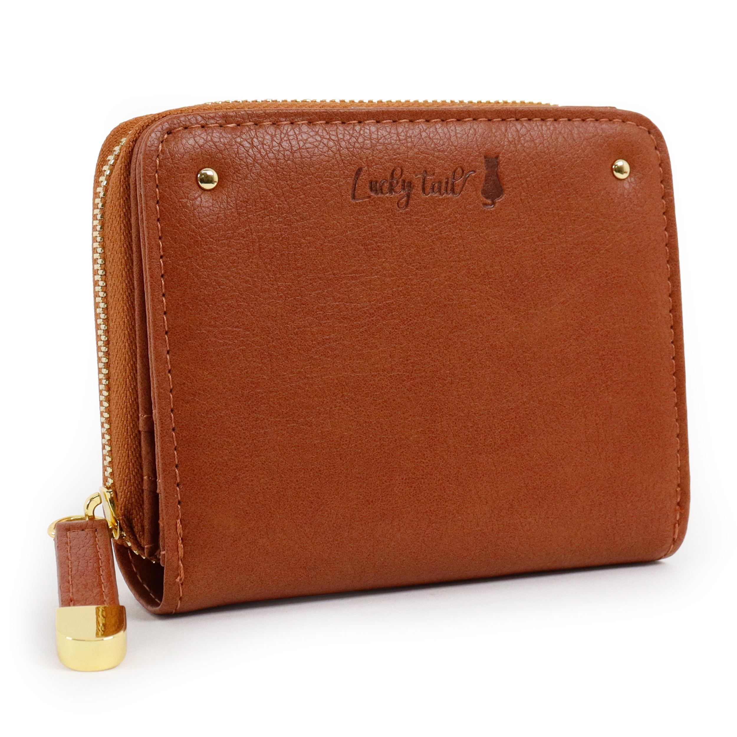 

Lucky Tail Bifold Wallet with Round Simple Cat Natural Women s Zipper, Design, (Camel)