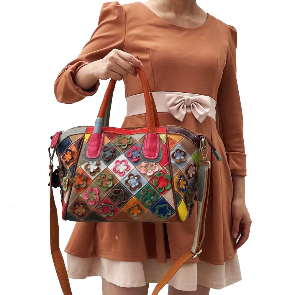 Ledertasche Damentasche Lässige Retro Bunte Kontrastierende Blumen Spleißen Schulter Crossbody Handtasche