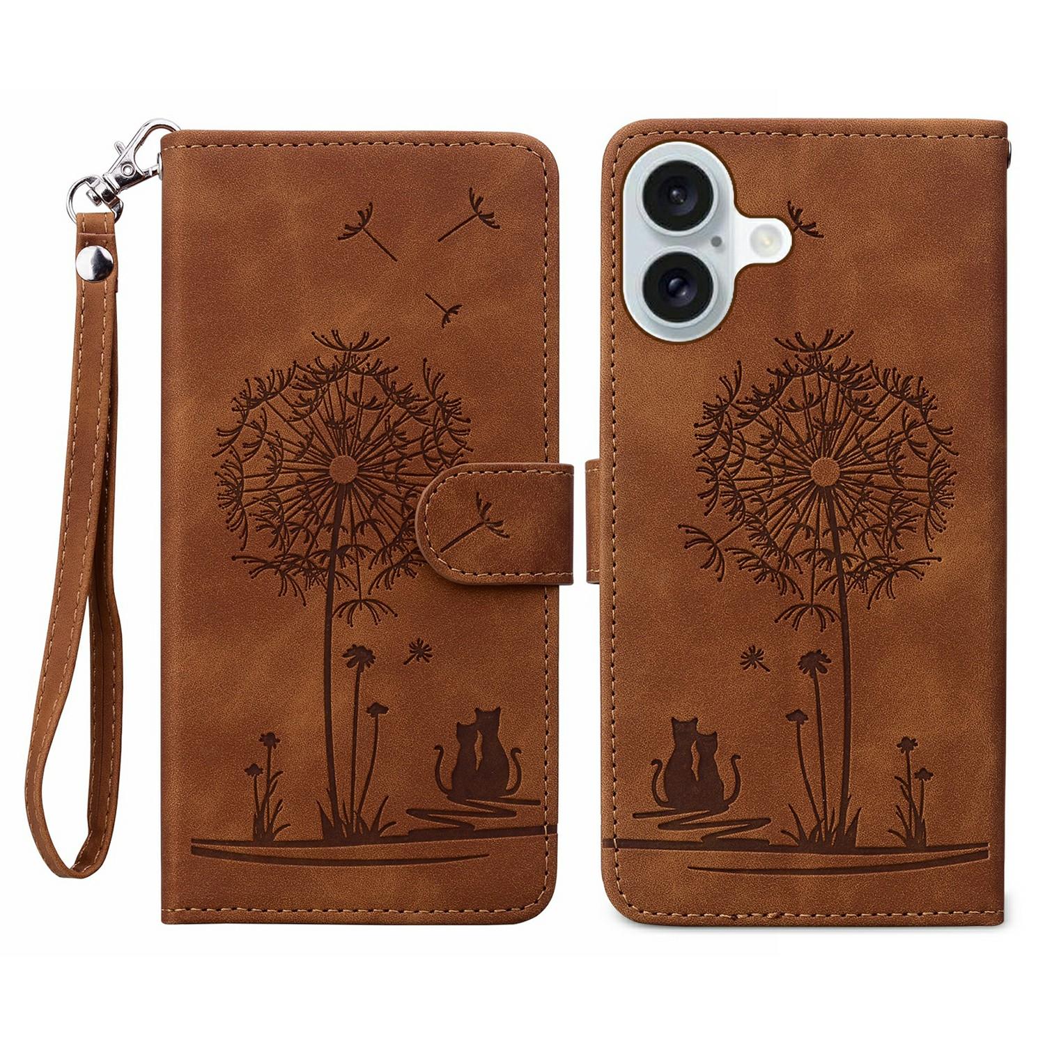 

For iPhone 16 Plus Case Cat Dandelion Imprint PU Leather Wallet Phone Cover with Strap Brown