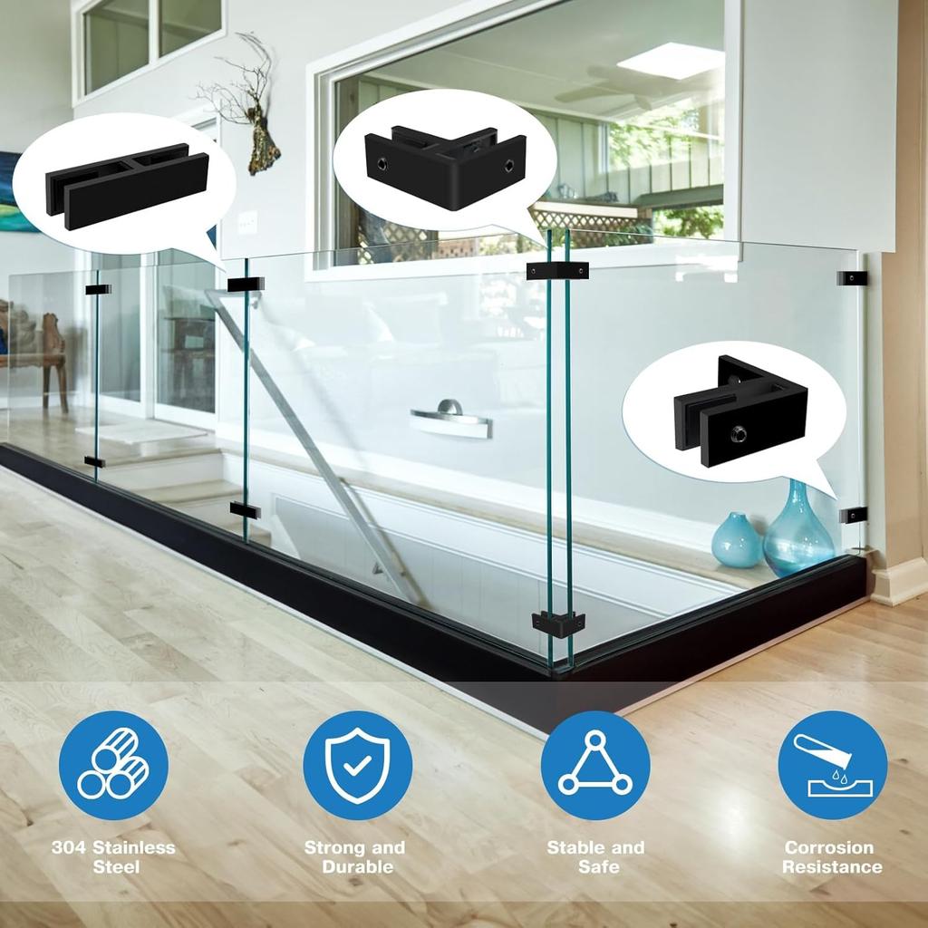 Railing Glass to Glass Clamp, 4 Pack Black Stainless Steel 304 Bracket for Glass, Double Sided Railing Glass Clip Holder with Rubber Gaskets for