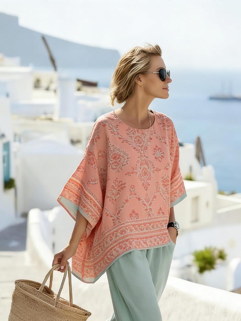 26 Summer Crew Neck Bat Sleeve Printed Two-piece Set Women's Loose Casual Top High Waist Wide Leg Pants Vacation Style Set