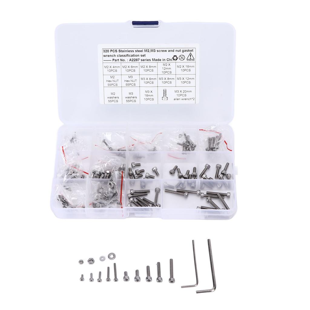 320pcs Screws Nuts Gasket Assortment Set 304 Stainless Steel M2 M3 Hex Bolts Washer Kit for Cars Trucks