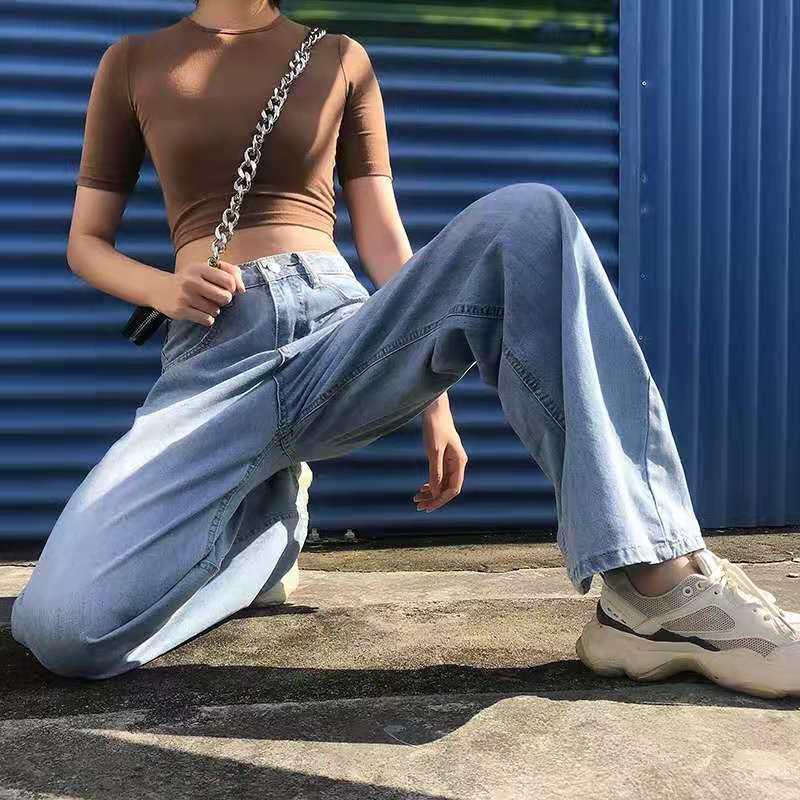 Damen Jeans mit Hoher Taille, Geradem Bein und Weiter Passform - Schlankmachend, Bodenlang, Lässige Passform