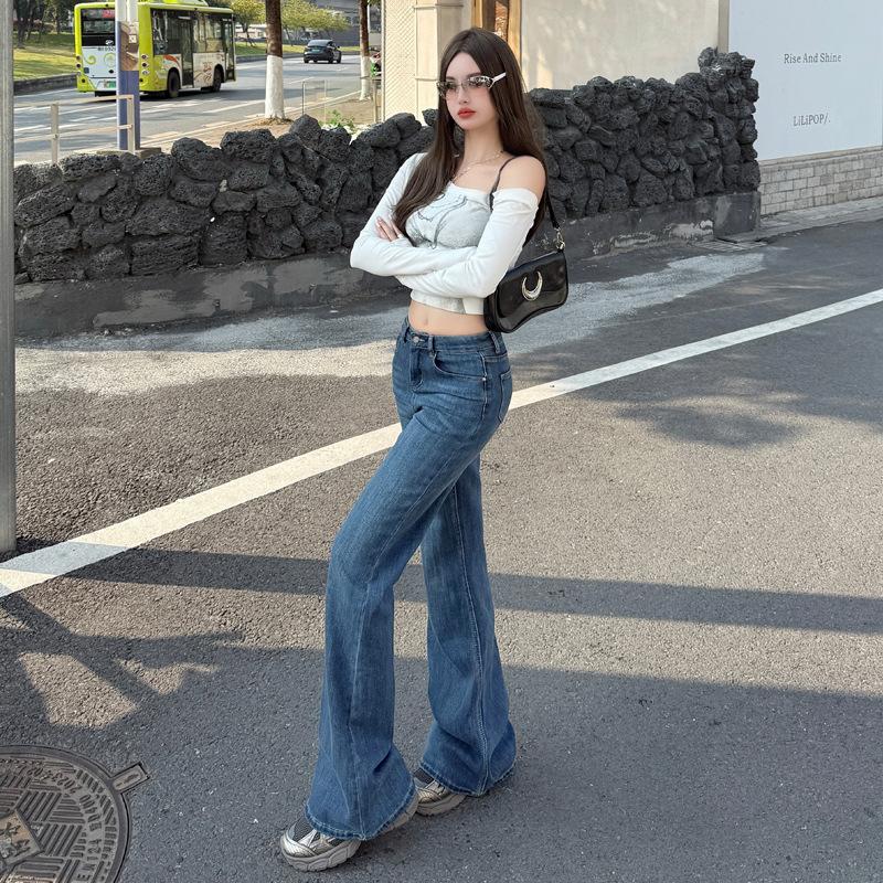 Retro non-stick leg slightly pulled jeans women's autumn and winter American high waist drape niche pocket cover hip wide leg flared pants