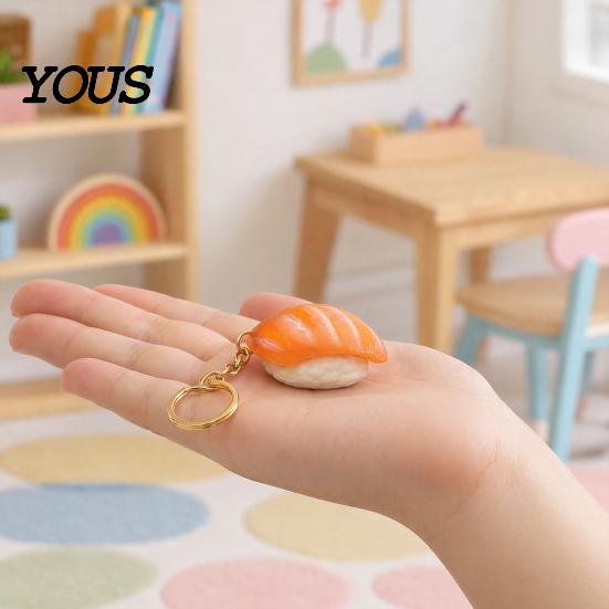 Sushi Keychain Pendant, Simulated Salmon Stress Relief Toy with Hanging Ball Chain, 3D Printed Food Ornament for Backpack School Bag Rebound