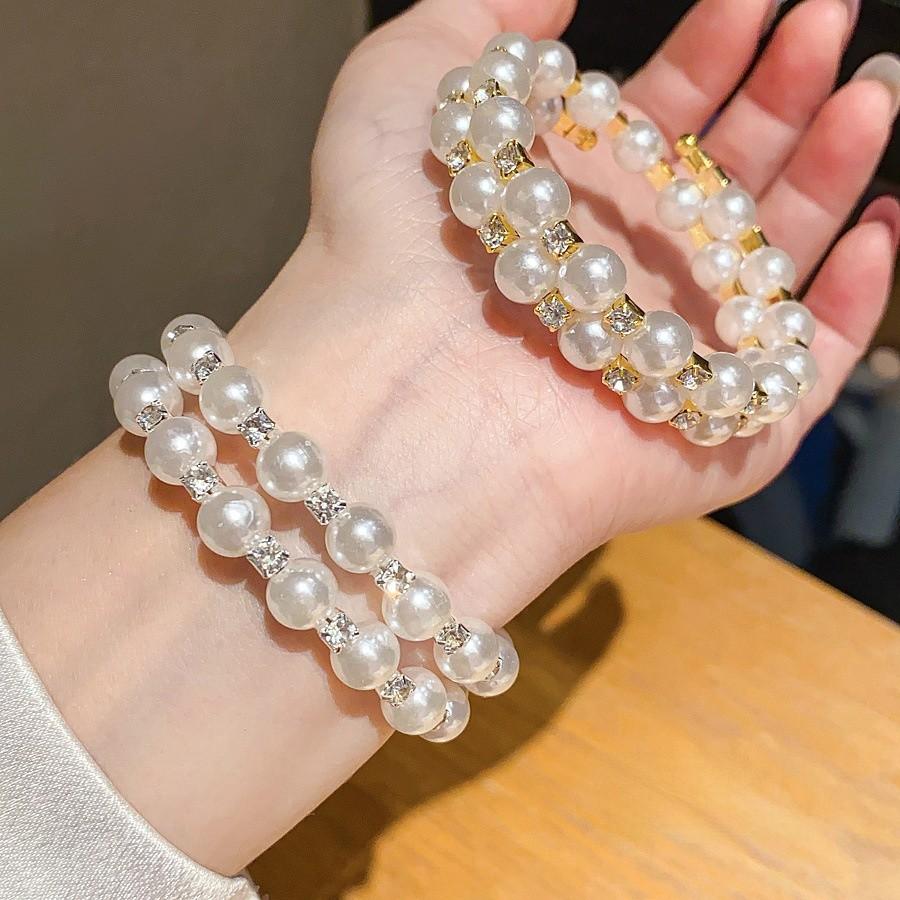 Pearl Beaded Double Layer Bracelet With Rhinestone Embellishments For Elegant Office Wear