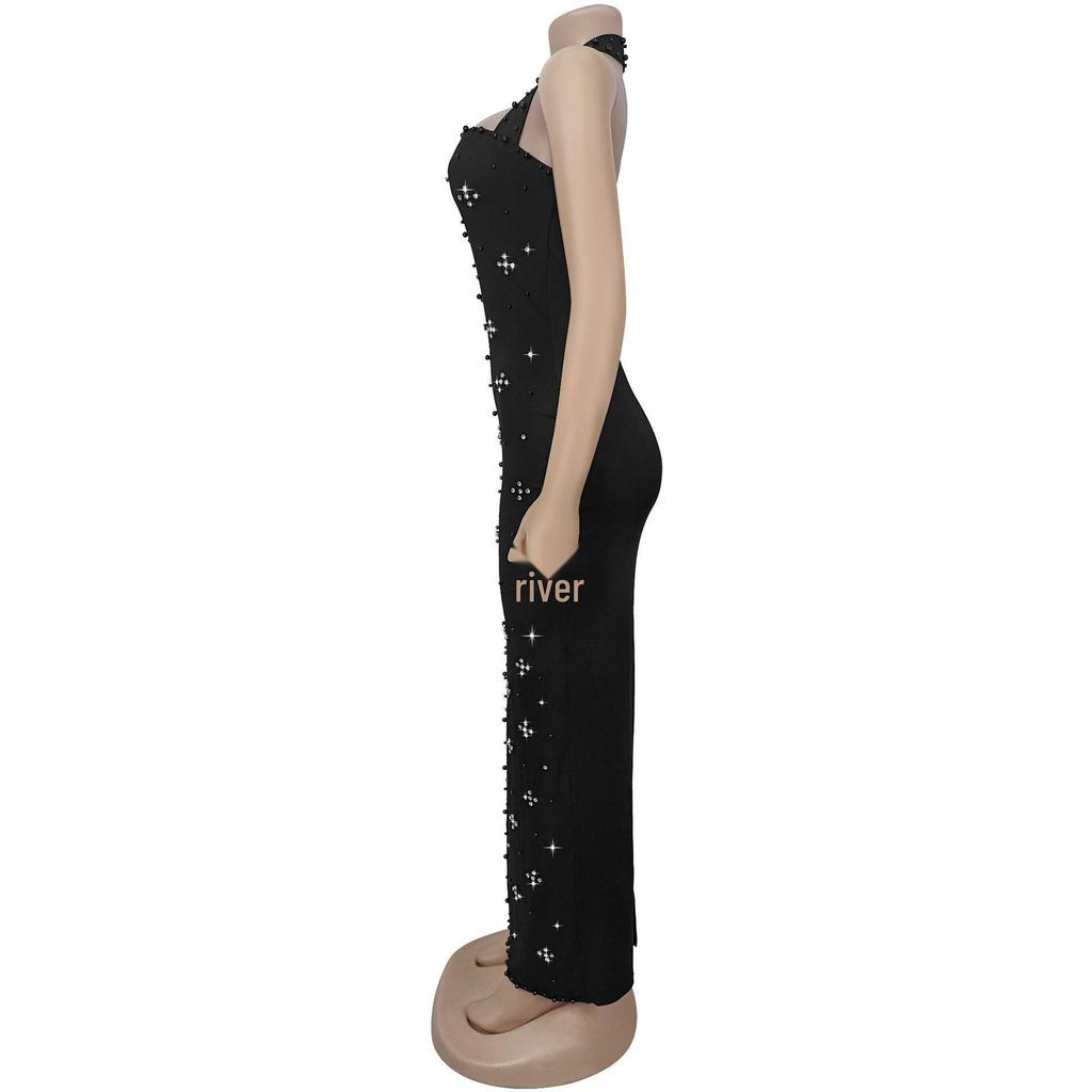 C7480 Fashion Women's Halter Rhinestone Beaded Bodycon Dress - Europe & America Style