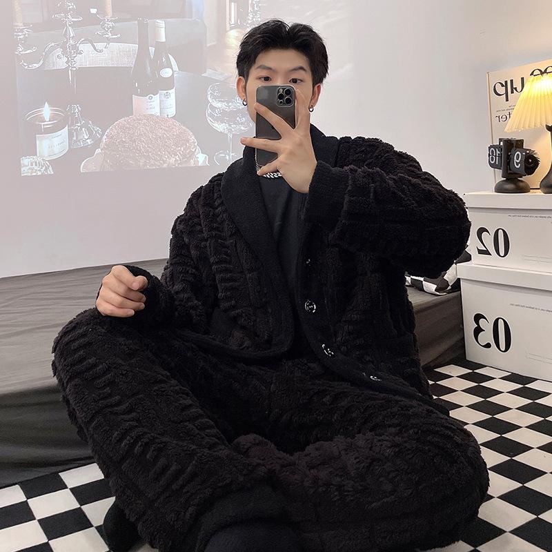 Men's V-Neck Cardigan Flannel Pajama Set - Coral Fleece, Thick, Korean Style, Large Size, 2023 Autumn/Winter