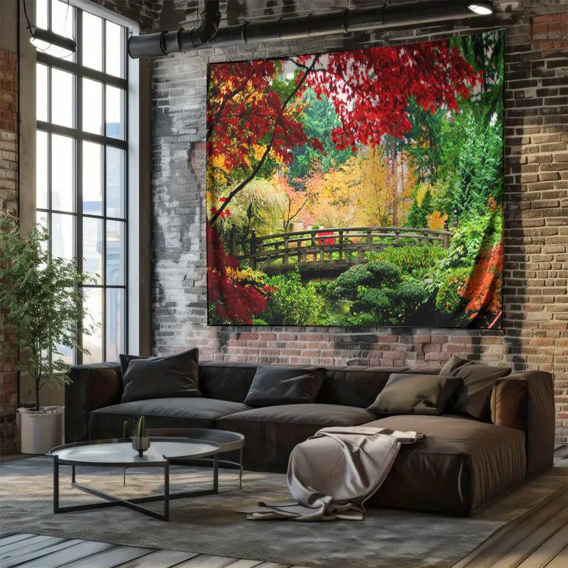 Autumn Colors by the Bridge Japanese Garden Landscape Decorative Tapestry
