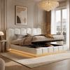 Upholstered Bed, Double Bed, 180*200cm, Hydraulic Function Bed, Bed with Slatted Frame, Headboard and Large Storage Space, with LED, White Bouclé
