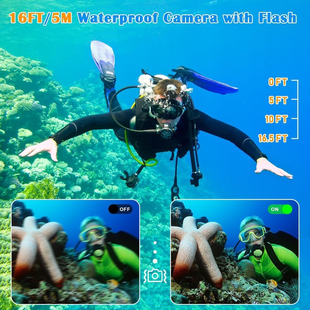 Underwater Camera, UHD 4K 48MP Waterproof Camera with 18X Zoom Selfie Screens,16FT Compact Waterproof Digital Camera with 32GB Card,Fill Light