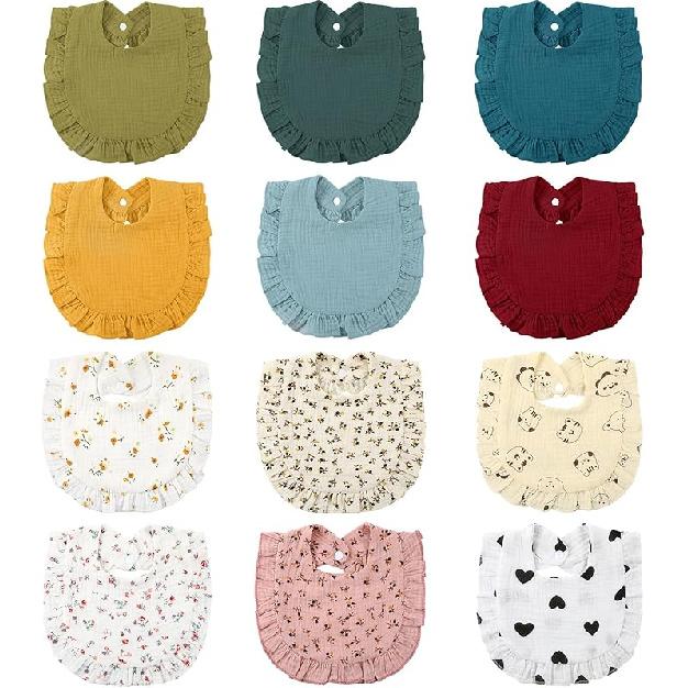 Geyoga 12 Pack Muslin Baby Bibs Adjustable Bandana Drool Bib for Unisex Cotton for Infants Boys Girls Teething