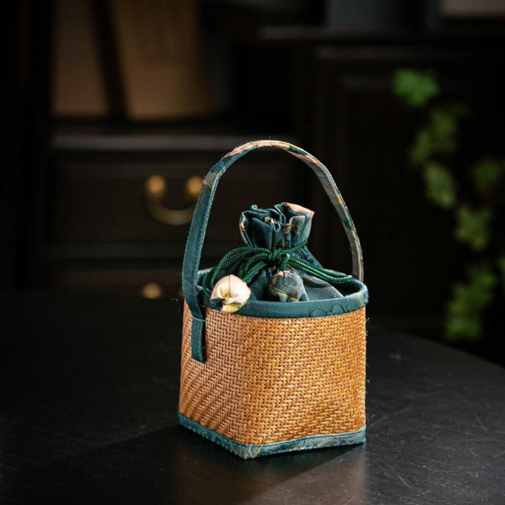 Handmade Spliced Drawstring Pocket with Handle Teapot Bag Rattan Pattern Storage Bag  For Small Cup