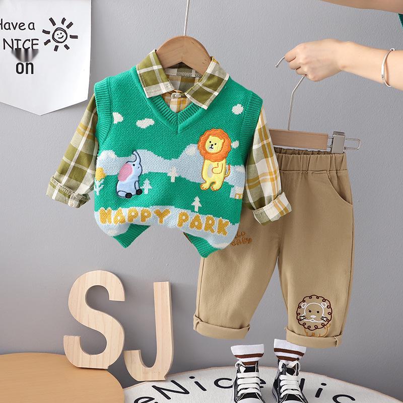 

Осень 2023 Мальчиковый Корейский Повседневный Жилет и Мультяшный Свитер Костюм-тройка 110 cm