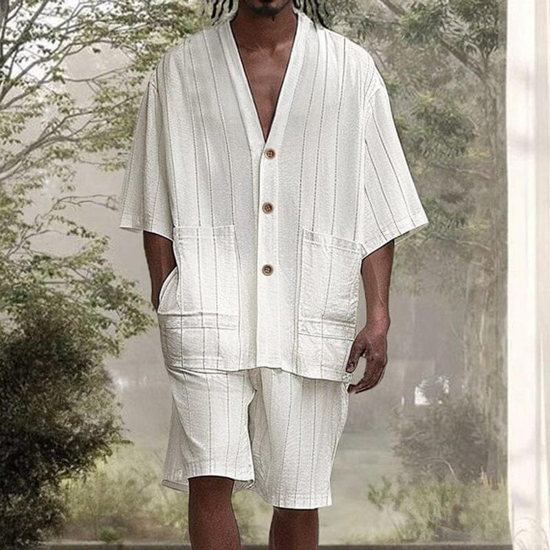 

Mens Casual Striped Two Piece Outfit Short Sleeve Shirt And Shorts Set S белый
