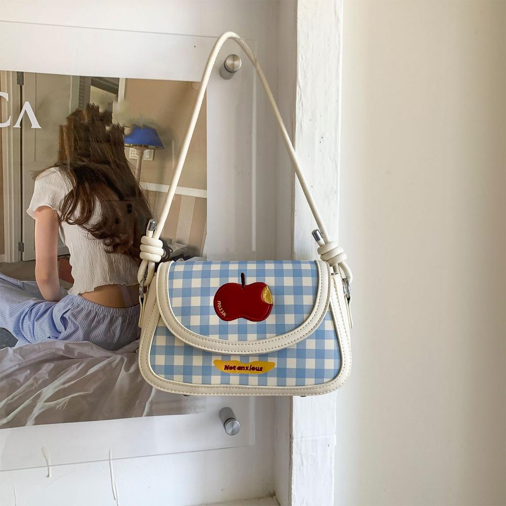 PU Leather Apple Plaid Shoulder Bag with Adjustable Strap Crossbody Bag Versatile Flap Bag for Women Work Shopping Travel Daily