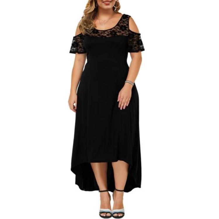 Trendiges Lochmuster-Maxikleid mit hoher Taille und unregelmäßigem Saum für Frühling, Herbst, Arbeitskleidung