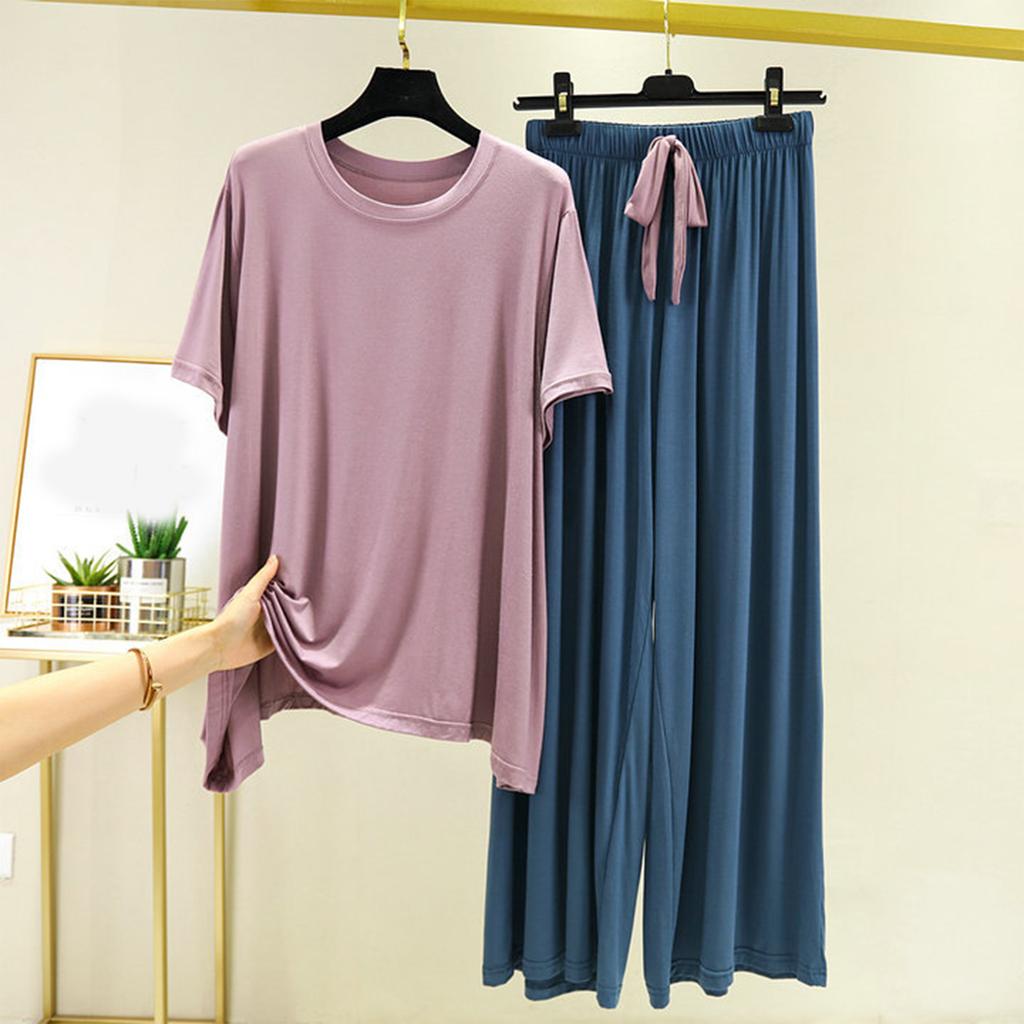 Women's Loose Casual Round Neck Short Sleeved T-shirt Long Pants Set Solid Color Pajamas