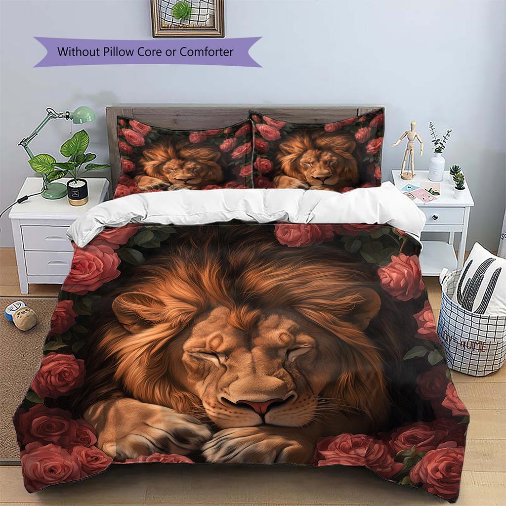 Lion and Rose Pattern Bedding Home Decoration Birthday Gift (1 * duvet cover + 2 * pillowcase, without core)
