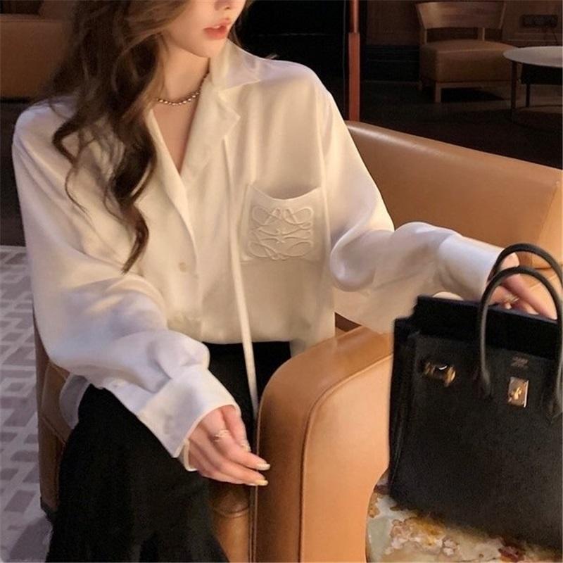 Spring Summer Women's High-End Satin Sheen Embroidered Shirt Blouse Cardigan Luxurious Top