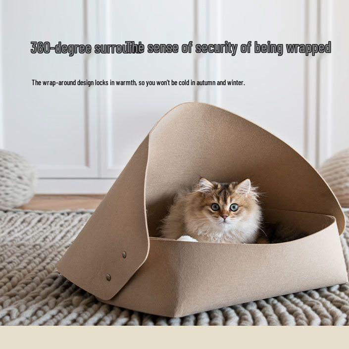 Nordic Washable Felt Pet Bed: Cozy, Semi-Enclosed Design for Small Dogs & Cats, All-Season Comfort, Promotes Deep Sleep