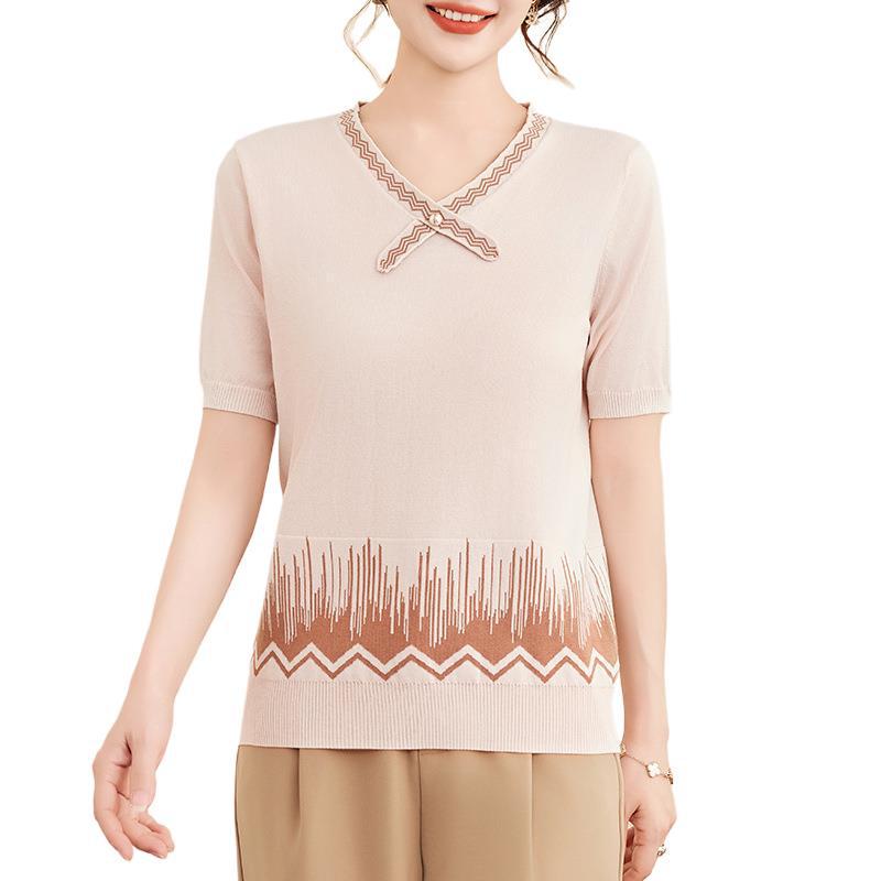 Elegant Ice Silk Knit Top for Stylish Moms - 2026 Summer Fashion Short Sleeve