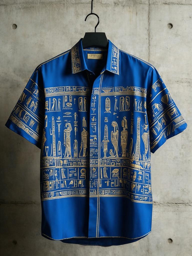 Vintage Egyptian Style Short Sleeved Floral Shirt Men's Loose Fitting Shirt Summer Lightweight Top