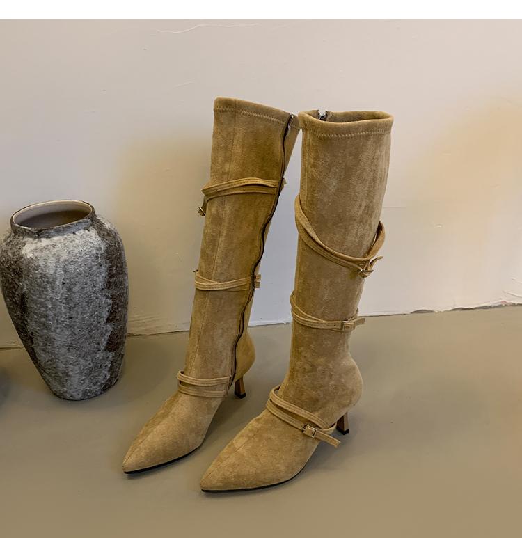 Vintage Suede Women Knee High Boots Fashion Pointed Toe Shoes Autumn Winter Thin Heel Ladies Short Plush Long Booties