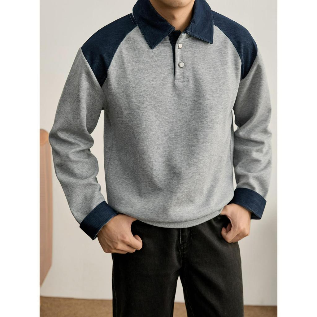 Men's Loose-Fit Lapel Patchwork Hoodie Polo Shirt - Edgy Autumn Long-Sleeve Top