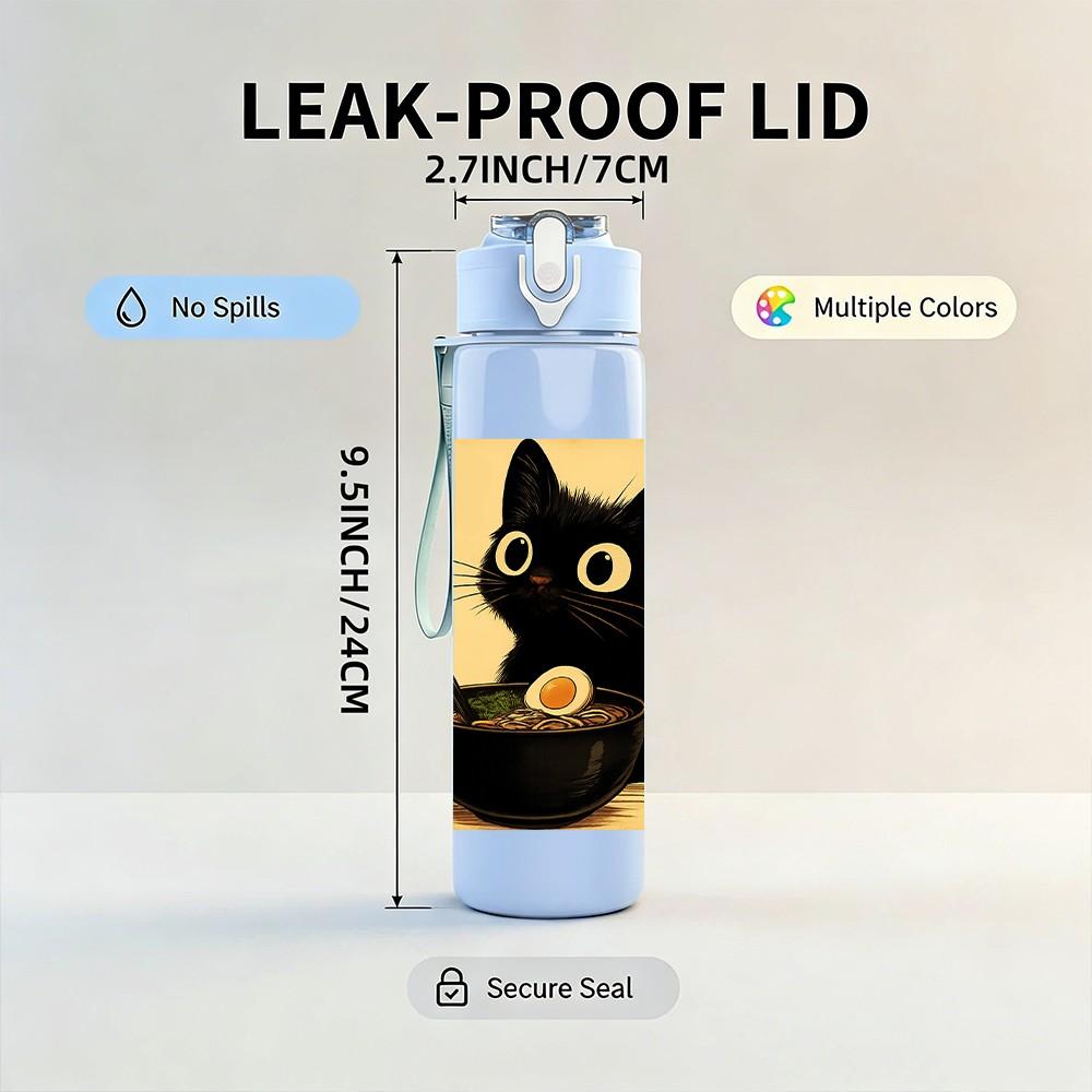 1PC Black Cat Eating Noodles Art 750ml Color Plastic Sports Water Bottle Leakproof Flip Straw Lid Suitable for Sports Office Home Use