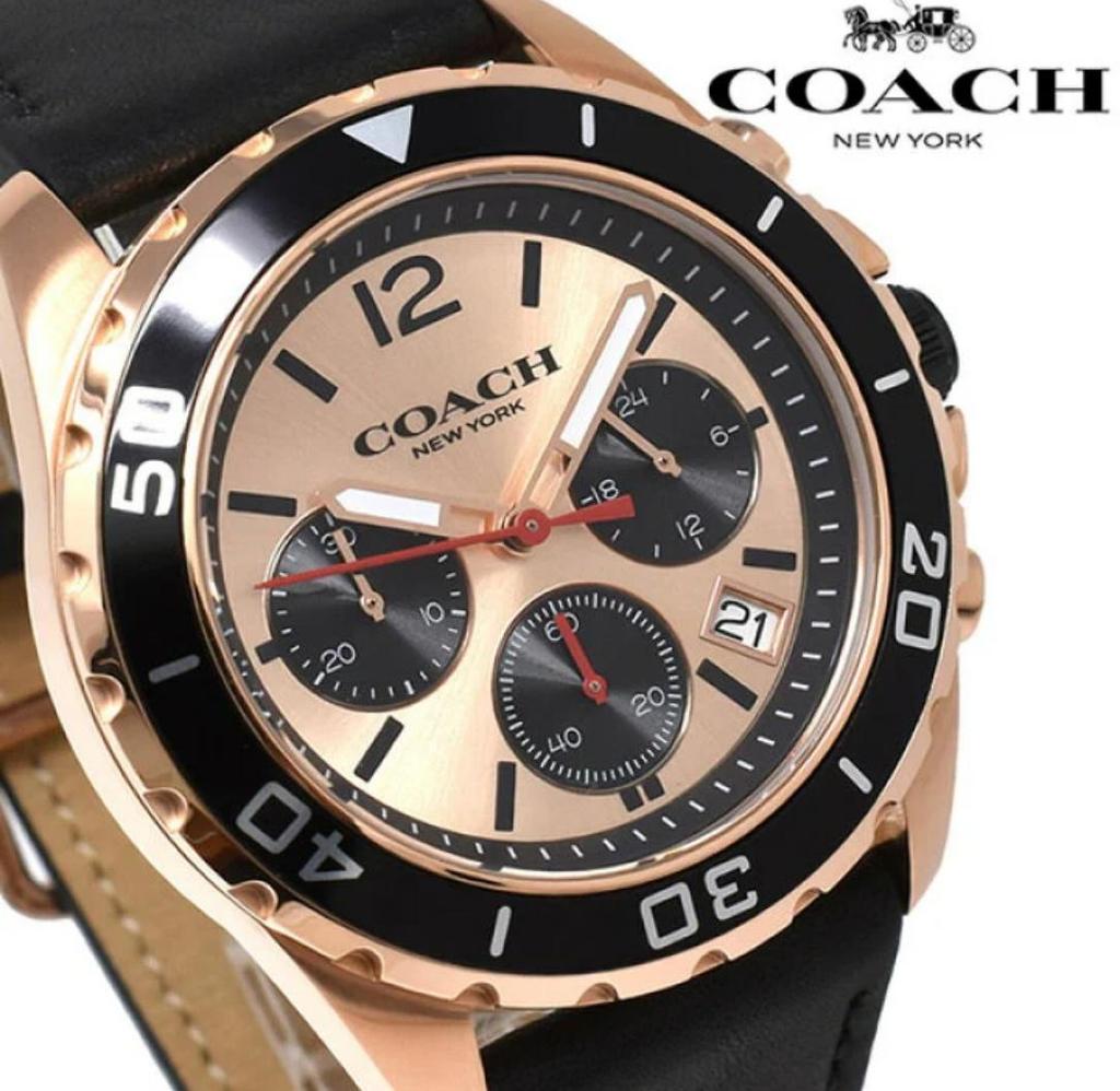 Coach Orologio Cronografo Kent Quadrante Oro Rosa Cinturino in Pelle Nera da Uomo - 14602559