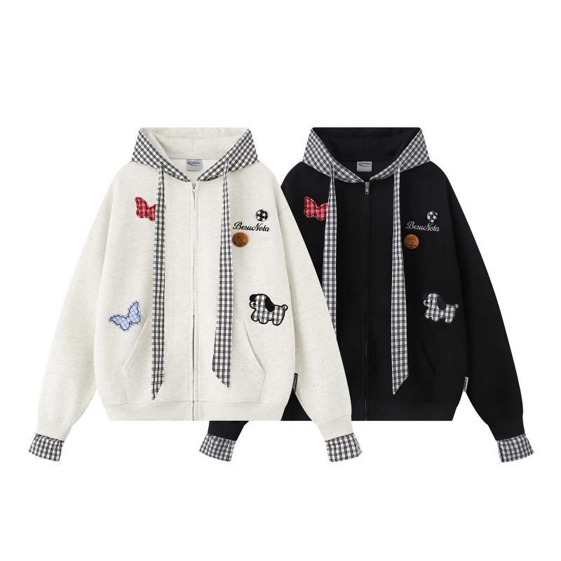 American Vintage Butterfly Dog Plaid Embroidered Zip Hoodie Loose Casual Fake Two-piece Sweatshirt Men Women