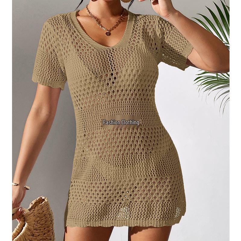 European & American Women's Sexy Hollow Short-Sleeve Bikini Cover-Up Sun Shirt