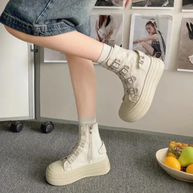 Classic Womens Canvas Shoes Fashion Casual High Top Boots Buckle Design Women Shoes Height Increasing Platform Shoes Ankle Boots