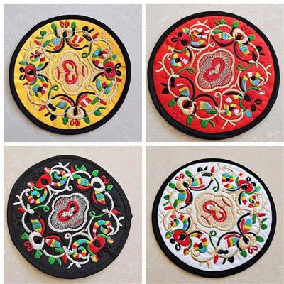 Vintage Embroidery Round Coasters Ethnic Floral Teacup Insulation Pads Placemats Anti-Skid Dining Table Mat