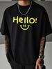 Unisex Beige Crew Neck Short Sleeve Tee Hello Smile Yellow Letter Print Loose Casual Daily Male Street Summer Fashion Tops