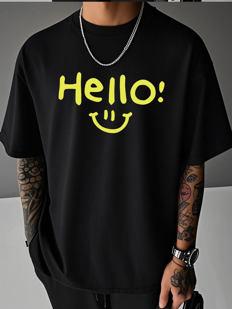 Unisex Beige Crew Neck Short Sleeve Tee Hello Smile Yellow Letter Print Loose Casual Daily Male Street Summer Fashion Tops