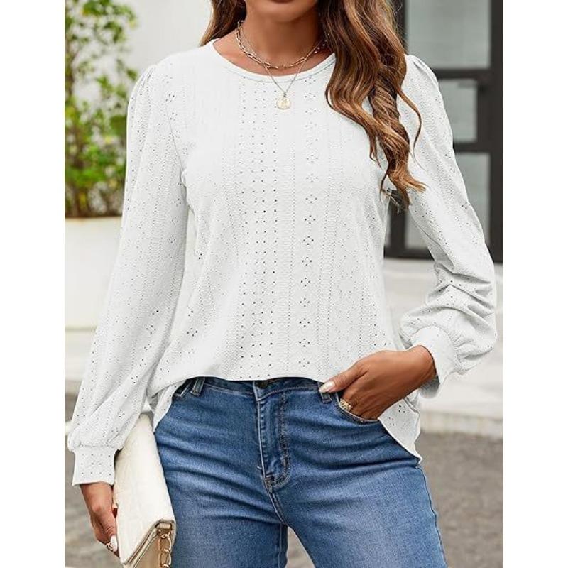 Women's Blouse Round Neck Small Eyelet Bubble Sleeve Long Sleeve Top