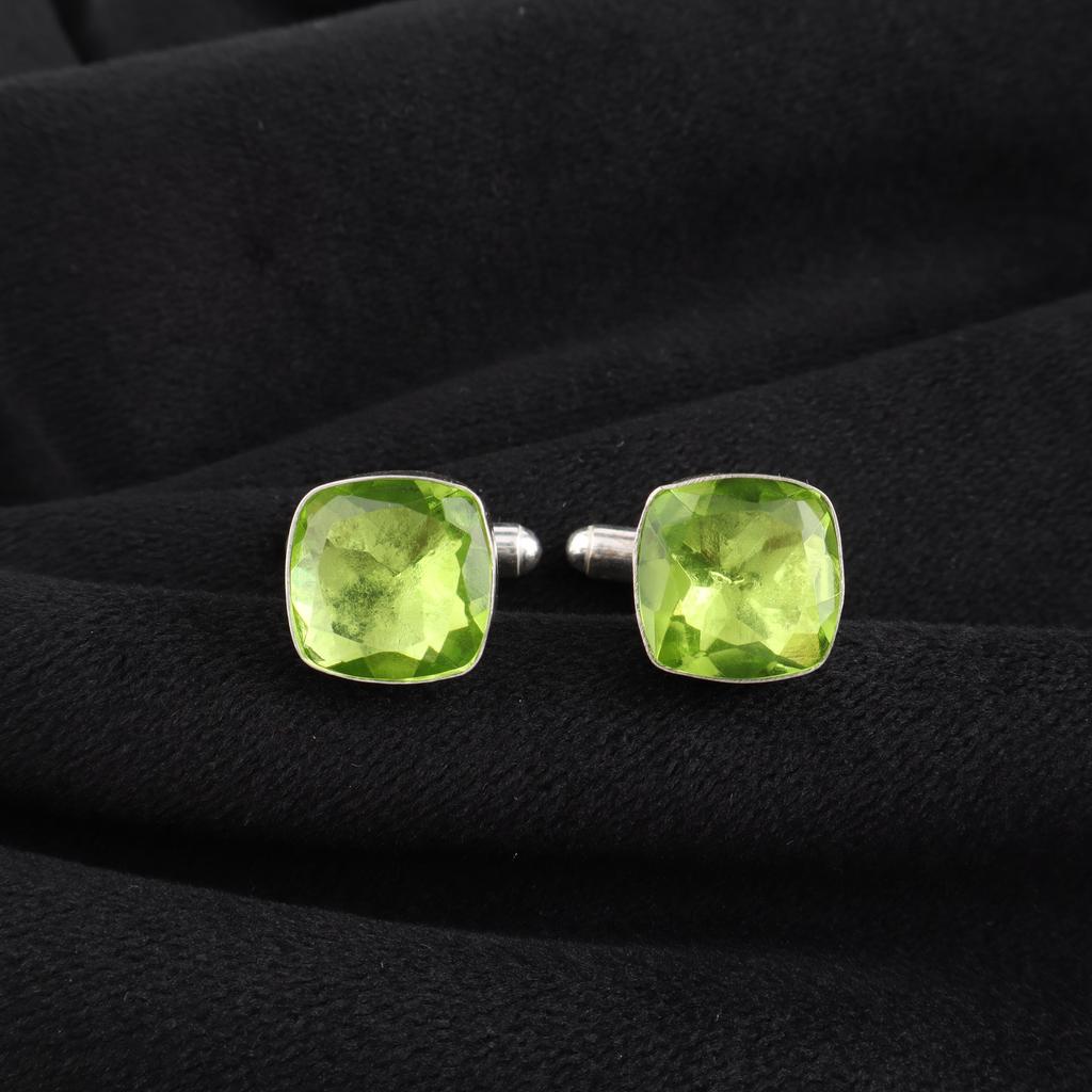 Natural Peridot Gemstone 925 Sterling Silver Handmade Jewelry Cushion Cut Cufflink 1" For Men's Shirt CL-9-9