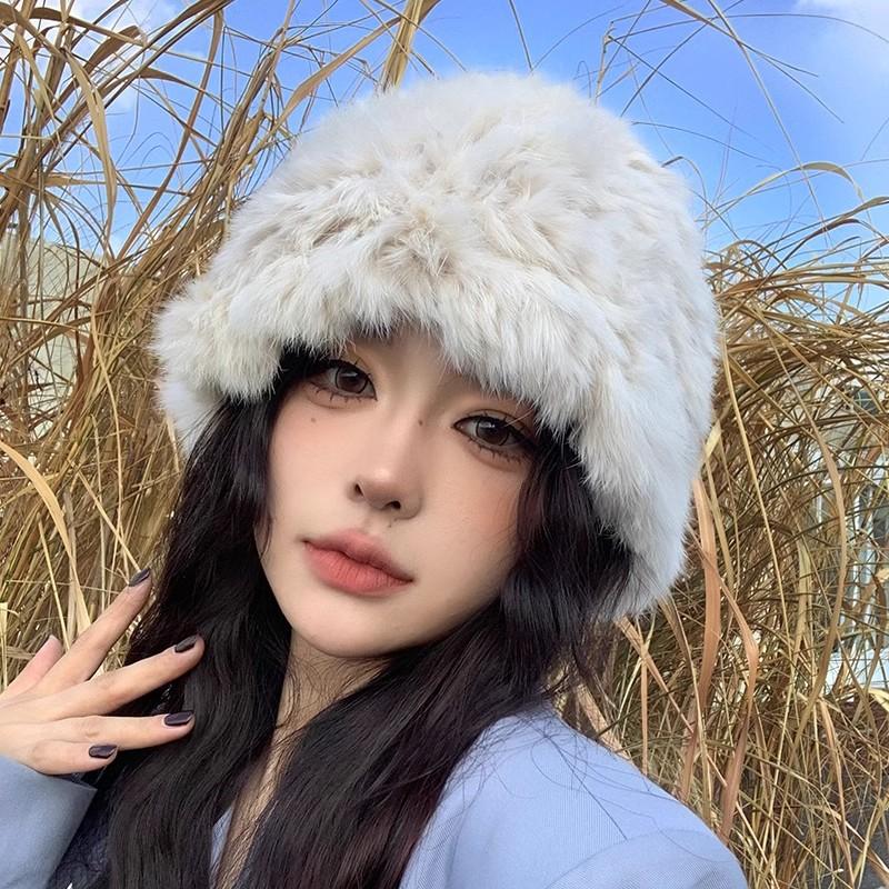Rabbit Hair White Plush Hat for Women Autumn Winter Warm Ear Protection Woolen Hats Fur Knitted Caps