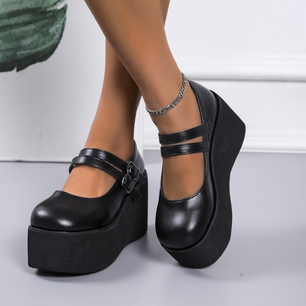 Comemore New Sweet Lolita Style Gothic Cosplay Black Pink Cozy Wedges Mary Jane High Heels Pumps Platform Shoes Woman Black Pink