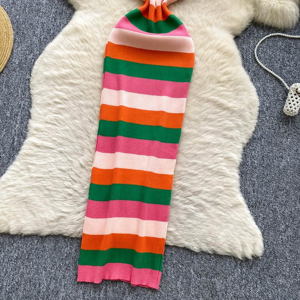 Summer Women Casual Spaghetti Strap Striped Knitted Sheath Sweater Dresses